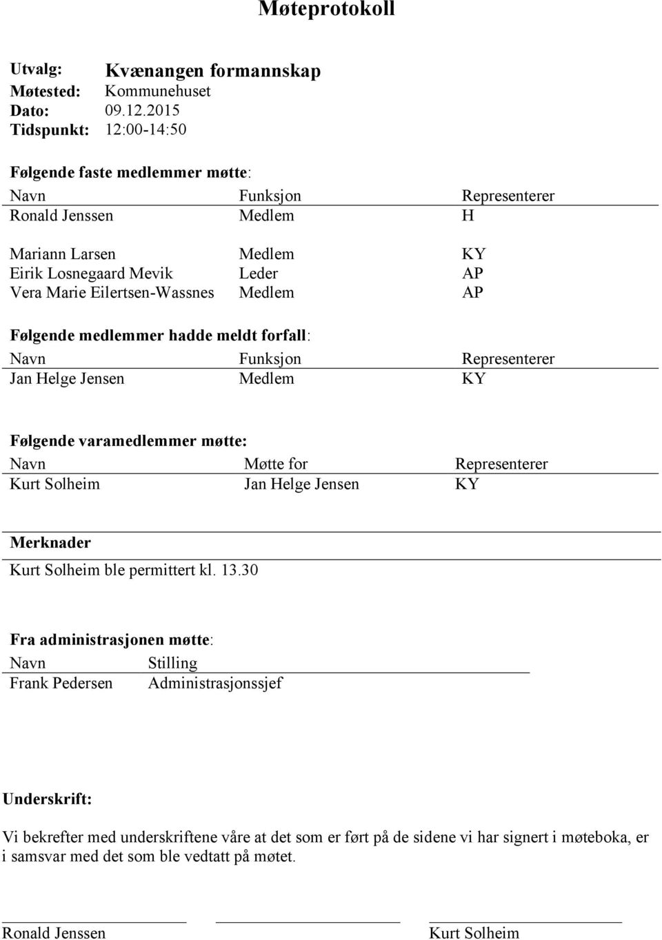 Eilertsen-Wassnes Medlem AP Følgende medlemmer hadde meldt forfall: Navn Funksjon Representerer Jan Helge Jensen Medlem KY Følgende varamedlemmer møtte: Navn Møtte for Representerer Kurt Solheim