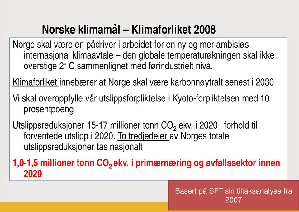 Klimaforliket innebærer at Norge skal være karbonnøytralt senest i 2030 Vi skal overoppfylle vår utslippsforpliktelse i Kyoto-forpliktelsen med 10 prosentpoeng