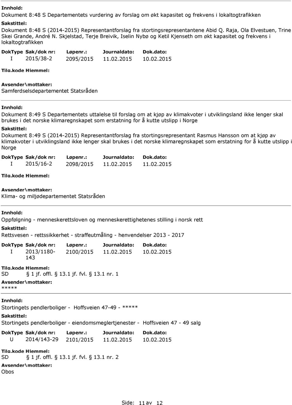 Skjelstad, Terje Breivik, selin Nybø og Ketil Kjenseth om økt kapasitet og frekvens i lokaltogtrafikken 2015/38-2 2095/2015 Samferdselsdepartementet Statsråden Dokument 8:49 S Departementets
