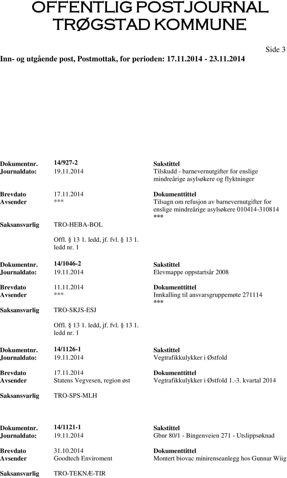 2014 Dokumenttittel Avsender *** Tilsagn om refusjon av barnevernutgifter for enslige mindreårige asylsøkere 010414-310814 *** TRO-HEBA-BOL Offl. 13 1. ledd, jf. fvl. 13 1. ledd nr. 1 Dokumentnr.