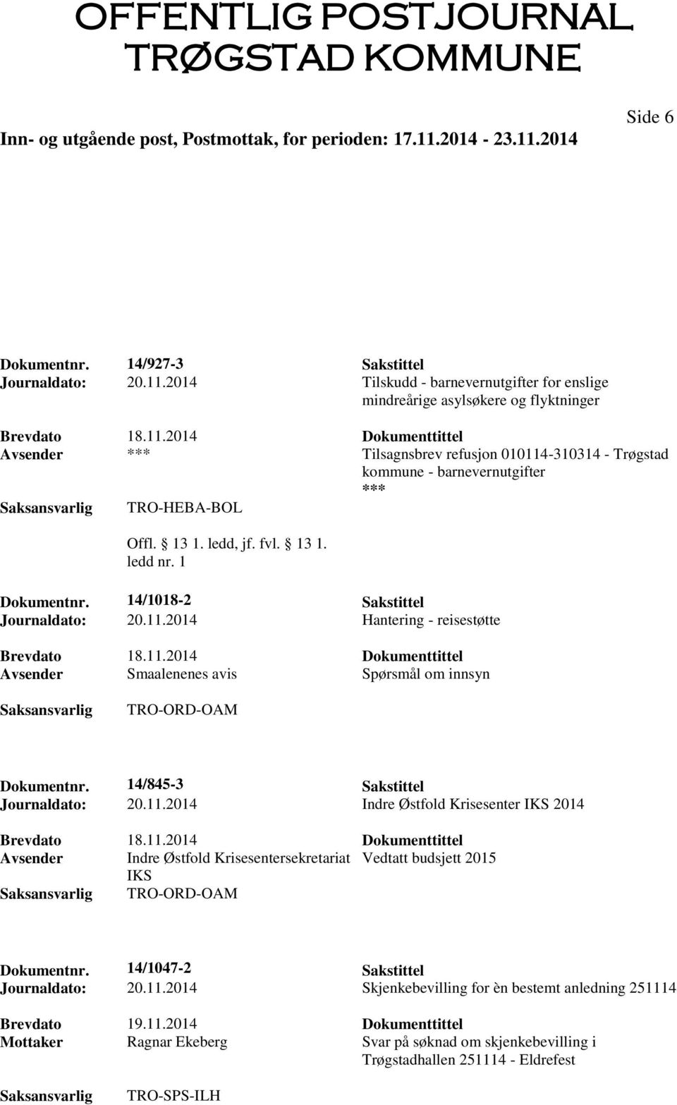 ledd, jf. fvl. 13 1. ledd nr. 1 Dokumentnr. 14/1018-2 Sakstittel Journaldato: 20.11.2014 Hantering - reisestøtte Avsender Smaalenenes avis Spørsmål om innsyn TRO-ORD-OAM Dokumentnr.