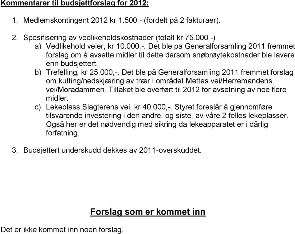 Tiltaket ble overført til 2012 for avsetning av noe flere midler. c) Lekeplass Slagterens vei, kr 40.000,-.