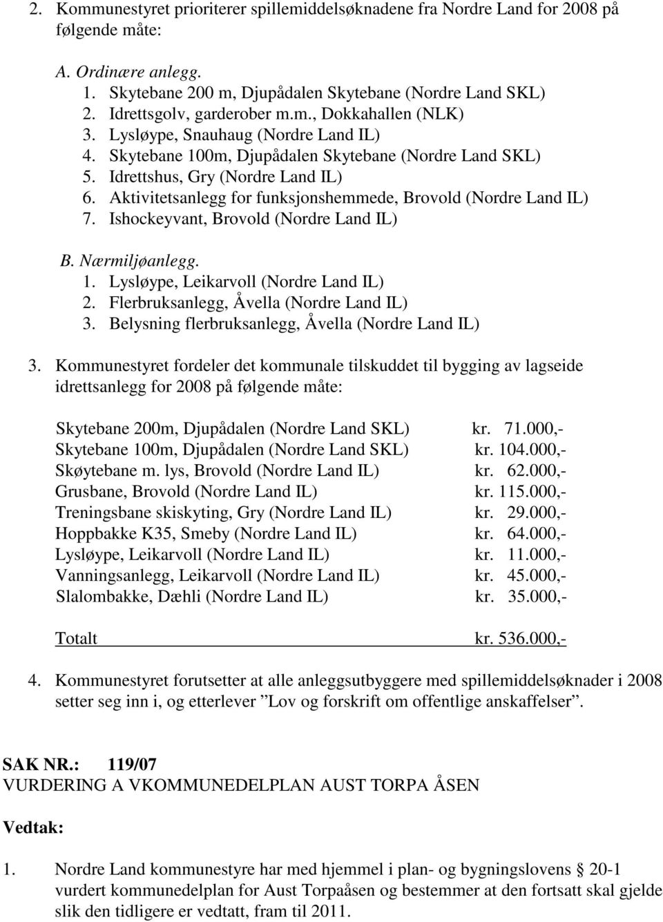 Aktivitetsanlegg for funksjonshemmede, Brovold (Nordre Land IL) 7. Ishockeyvant, Brovold (Nordre Land IL) B. Nærmiljøanlegg. 1. Lysløype, Leikarvoll (Nordre Land IL) 2.