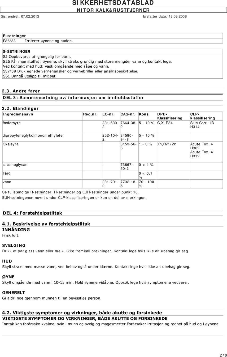 2. Blandinger Ingrediensnavn Reg.nr. EC-nr. CAS-nr. Kons. DPD- Klassifisering CLPklassifisering fosforsyra 231-633- 7664-38- 5-10 % C,Xi,R34 Skin Corr.