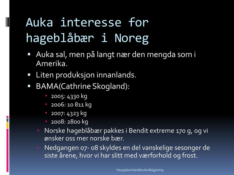 BAMA(Cathrine Skogland): 2005: 4330 kg 2006: 10 811 kg 2007: 4323 kg 2008: 2800 kg Norske hageblåbær