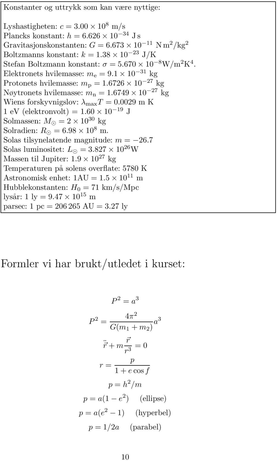 6749 10 27 kg Wiens forskyvnigslov: λ max T = 0.0029 m K 1 ev (elektronvolt) = 1.60 10 19 J Solmassen: M = 2 10 30 kg Solradien: R = 6.98 10 8 m. Solas tilsynelatende magnitude: m = 26.