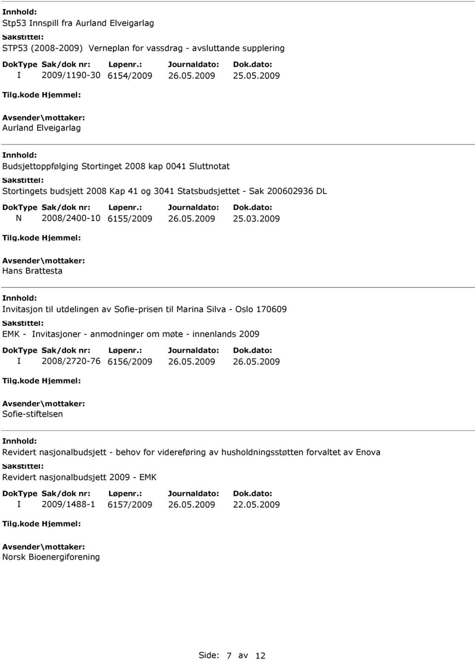 2009 Hans Brattesta nvitasjon til utdelingen av Sofie-prisen til Marina Silva - Oslo 170609 EMK - nvitasjoner - anmodninger om møte - innenlands 2009 2008/2720-76 6156/2009