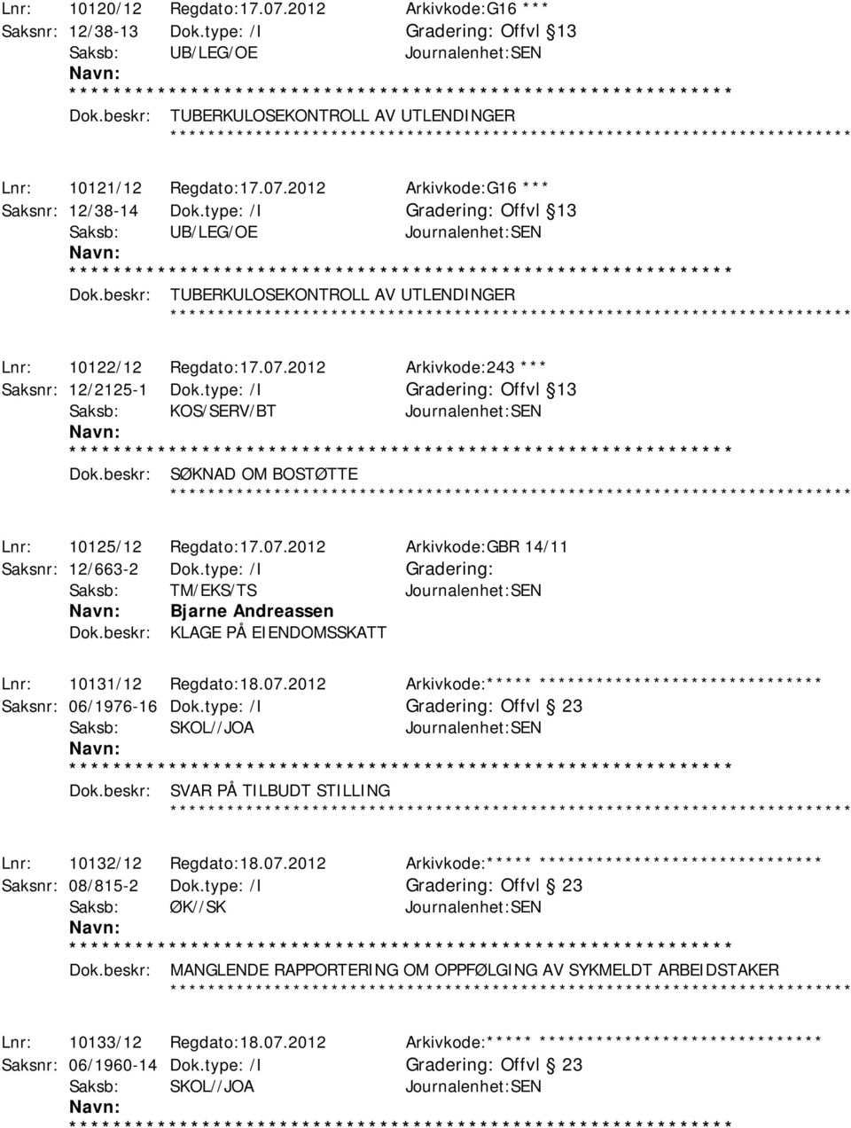 type: /I Offvl 13 Saksb: KOS/SERV/BT Journalenhet:SEN Dok.beskr: SØKNAD OM BOSTØTTE Lnr: 10125/12 Regdato:17.07.2012 Arkivkode:GBR 14/11 Saksnr: 12/663-2 Dok.type: /I Bjarne Andreassen Dok.