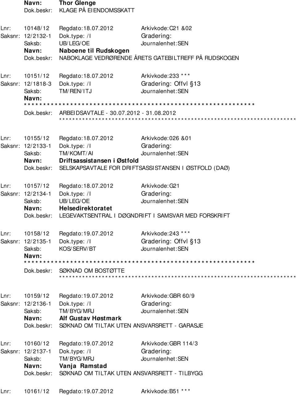 beskr: ARBEIDSAVTALE - 30.07.2012-31.08.2012 Lnr: 10155/12 Regdato:18.07.2012 Arkivkode:026 &01 Saksnr: 12/2133-1 Dok.type: /I Saksb: TM/KOMT/AI Journalenhet:SEN Driftsassistansen i Østfold Dok.