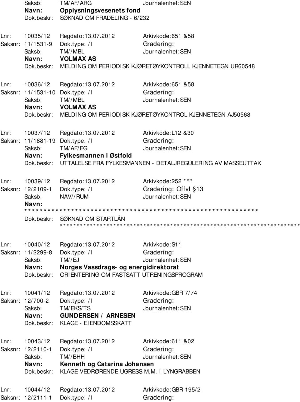 type: /I Saksb: TM//MBL Journalenhet:SEN VOLMAX AS Dok.beskr: MELDING OM PERIODISK KJØRETØYKONTROL KJENNETEGN AJ50568 Lnr: 10037/12 Regdato:13.07.2012 Arkivkode:L12 &30 Saksnr: 11/1881-19 Dok.