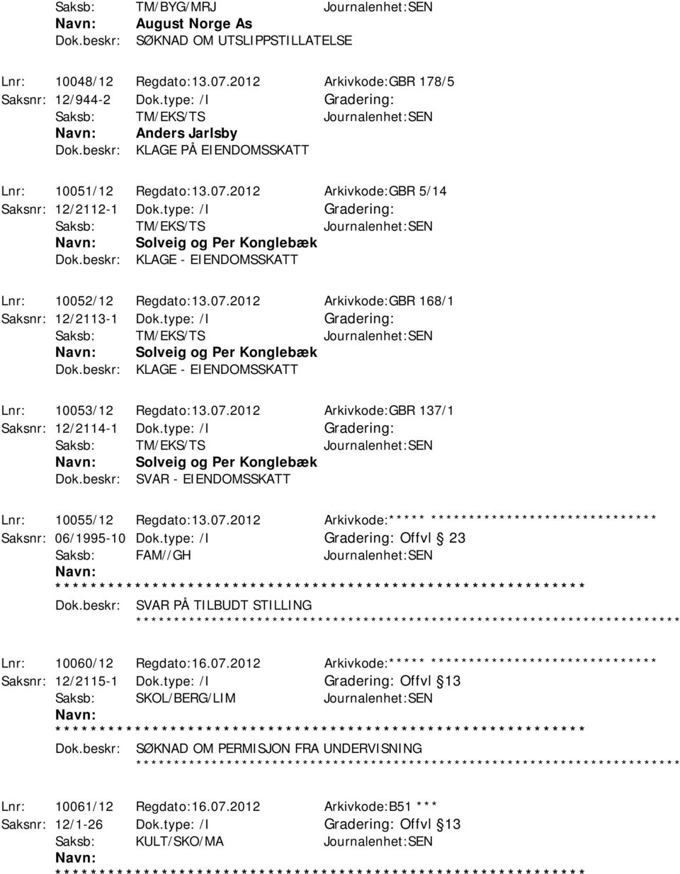 type: /I Solveig og Per Konglebæk Dok.beskr: KLAGE - EIENDOMSSKATT Lnr: 10053/12 Regdato:13.07.2012 Arkivkode:GBR 137/1 Saksnr: 12/2114-1 Dok.type: /I Solveig og Per Konglebæk Dok.beskr: SVAR - EIENDOMSSKATT Lnr: 10055/12 Regdato:13.