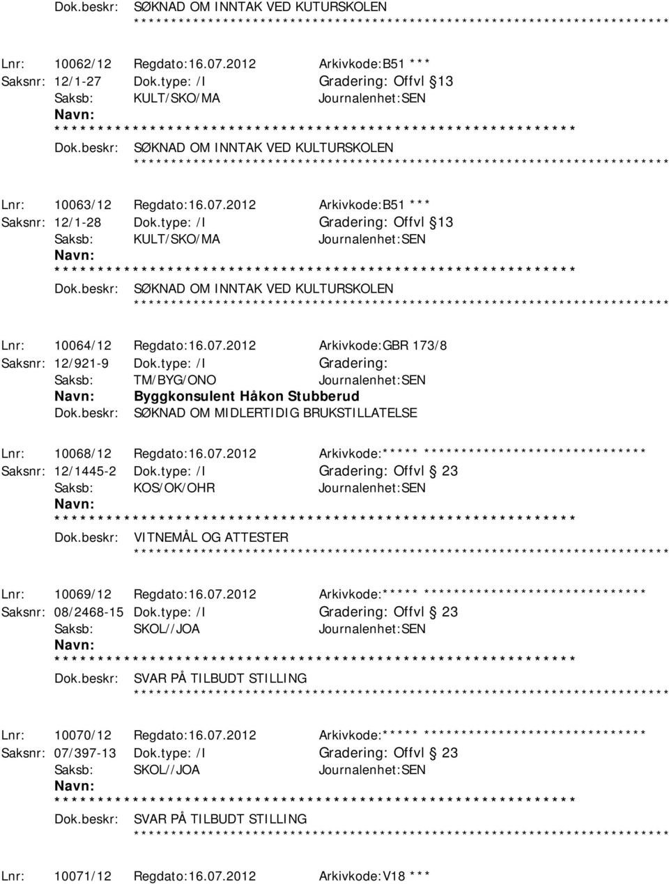 beskr: SØKNAD OM INNTAK VED KULTURSKOLEN Lnr: 10064/12 Regdato:16.07.2012 Arkivkode:GBR 173/8 Saksnr: 12/921-9 Dok.type: /I Saksb: TM/BYG/ONO Journalenhet:SEN Byggkonsulent Håkon Stubberud Dok.