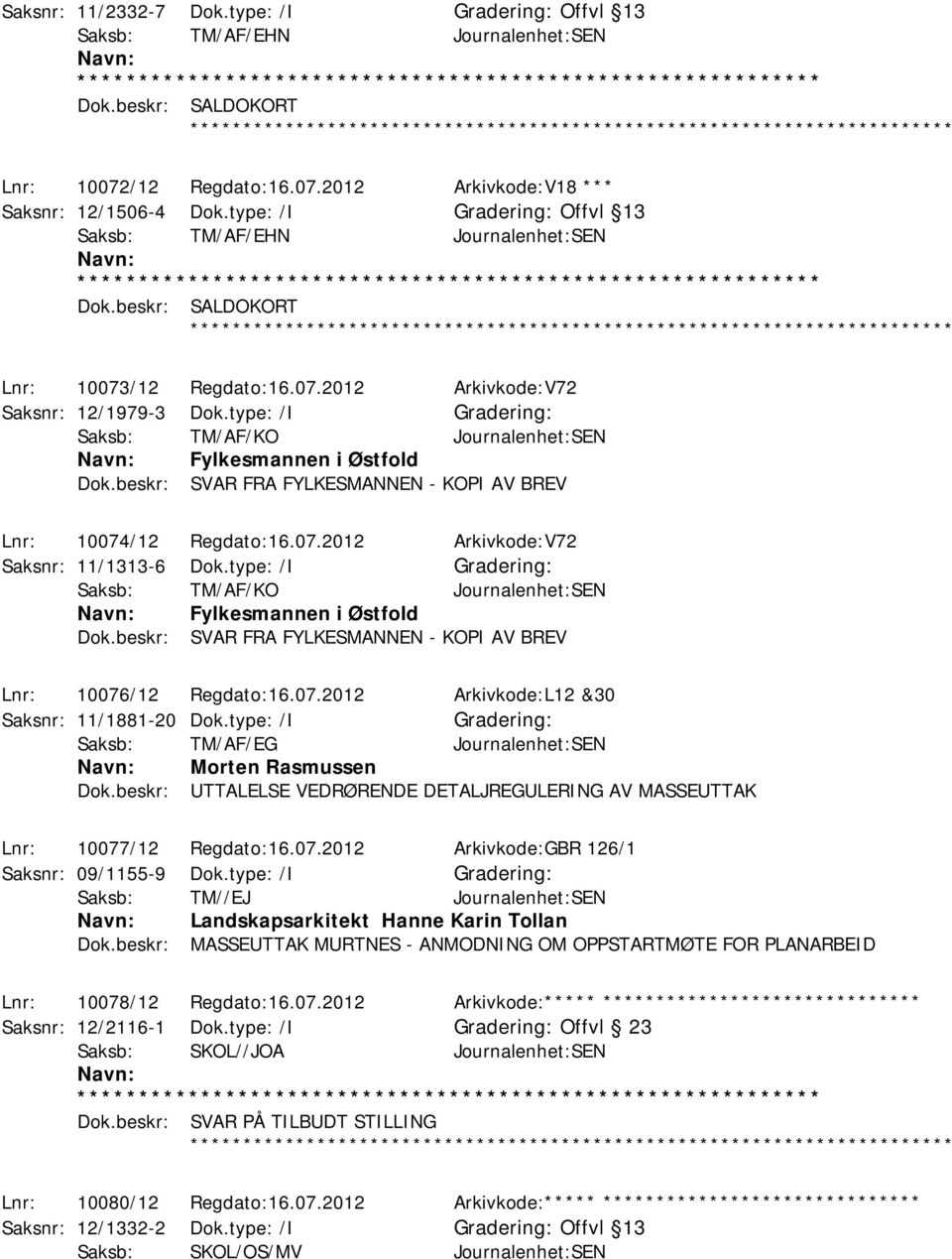 type: /I Saksb: TM/AF/KO Journalenhet:SEN Fylkesmannen i Østfold Dok.beskr: SVAR FRA FYLKESMANNEN - KOPI AV BREV Lnr: 10074/12 Regdato:16.07.2012 Arkivkode:V72 Saksnr: 11/1313-6 Dok.