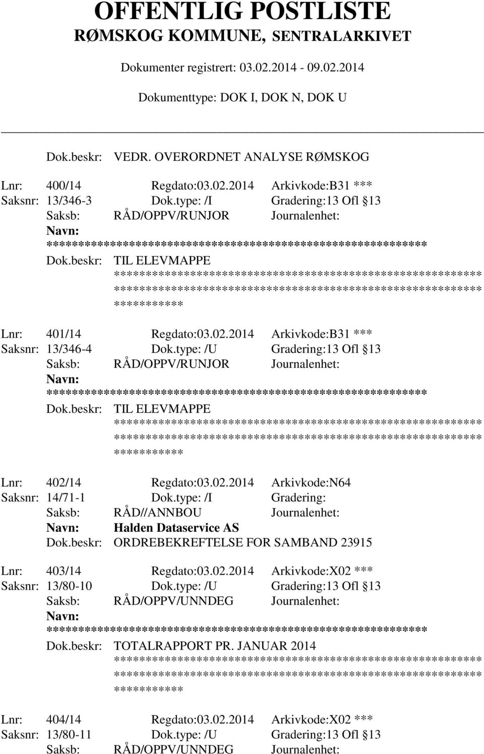 beskr: TIL ELEVMAPPE Lnr: 402/14 Regdato:03.02.2014 Arkivkode:N64 Saksnr: 14/71-1 Dok.type: /I Gradering: Halden Dataservice AS Dok.