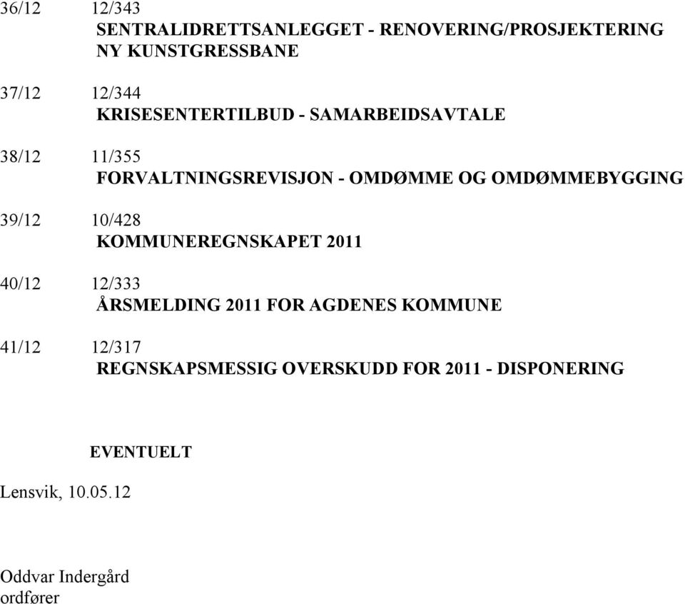 39/12 10/428 KOMMUNEREGNSKAPET 2011 40/12 12/333 ÅRSMELDING 2011 FOR AGDENES KOMMUNE 41/12 12/317