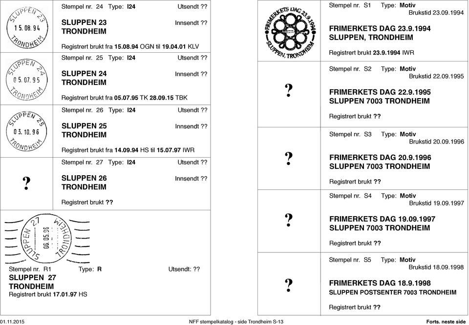 09.94 HS til 15.07.97 IWR Stempel nr. 27 Type: I24 Utsendt SLUPPEN 26 Innsendt Stempel nr. S3 Brukstid 20.09.1996 FRIMERKETS DAG 20.9.1996 SLUPPEN 7003 Stempel nr. S4 Brukstid 19.09.1997 FRIMERKETS DAG 19.