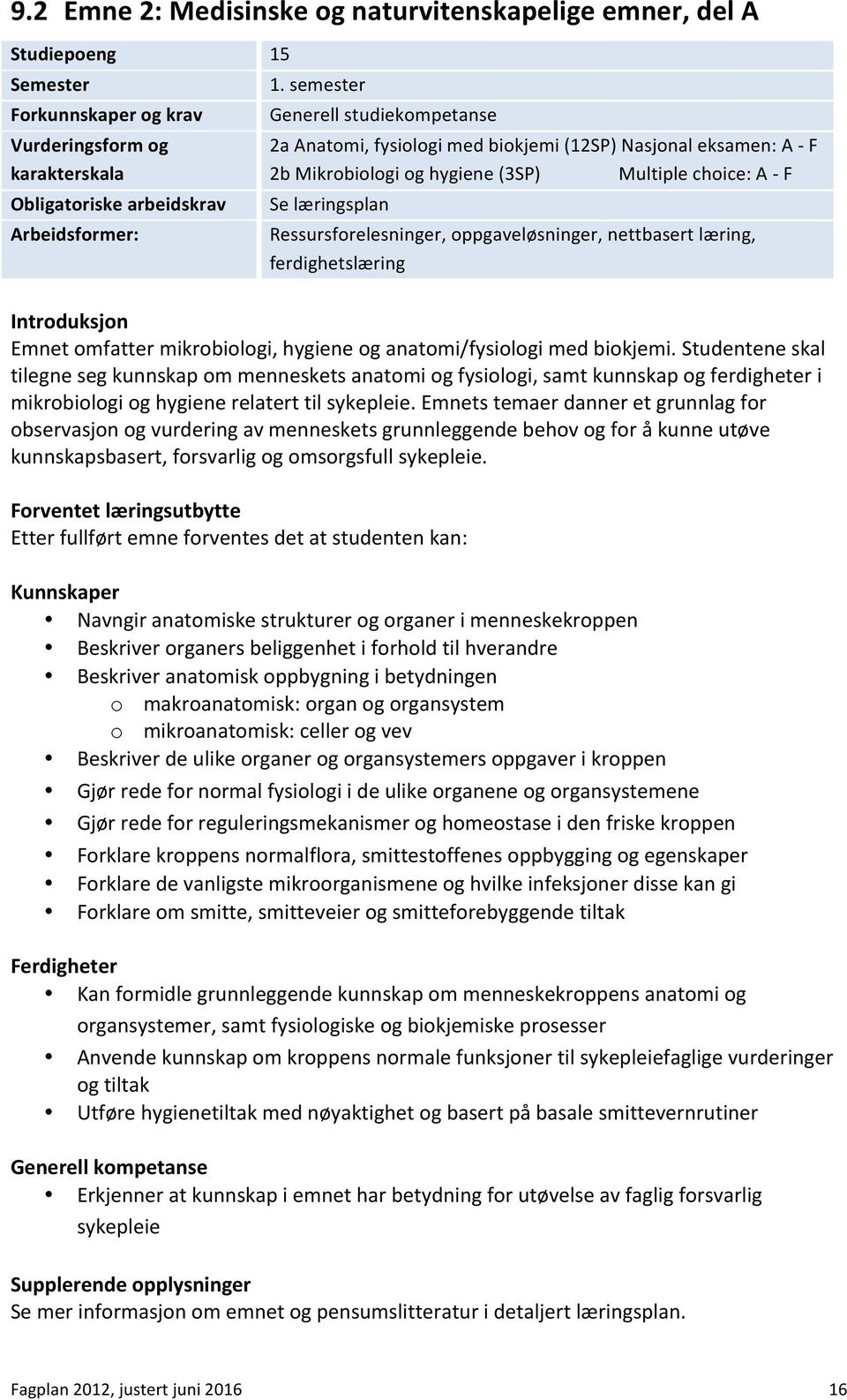 oppgaveløsninger, nettbasert læring, ferdighetslæring Introduksjon Emnet omfatter mikrobiologi, hygiene og anatomi/fysiologi med biokjemi.