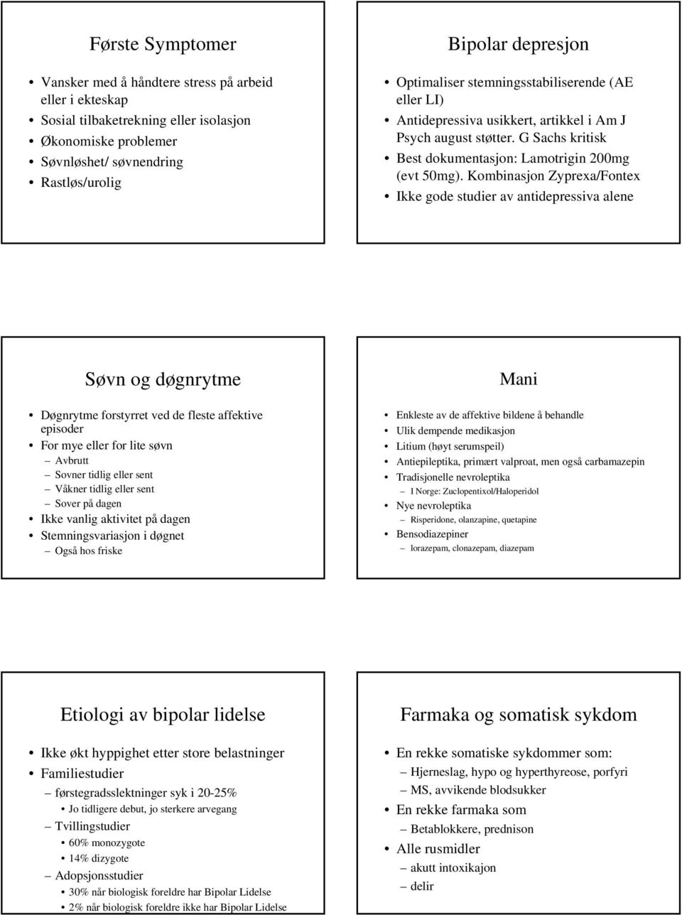 Kombinasjon Zyprexa/Fontex Ikke gode studier av antidepressiva alene Søvn og døgnrytme Døgnrytme forstyrret ved de fleste affektive episoder For mye eller for lite søvn Avbrutt Sovner tidlig eller