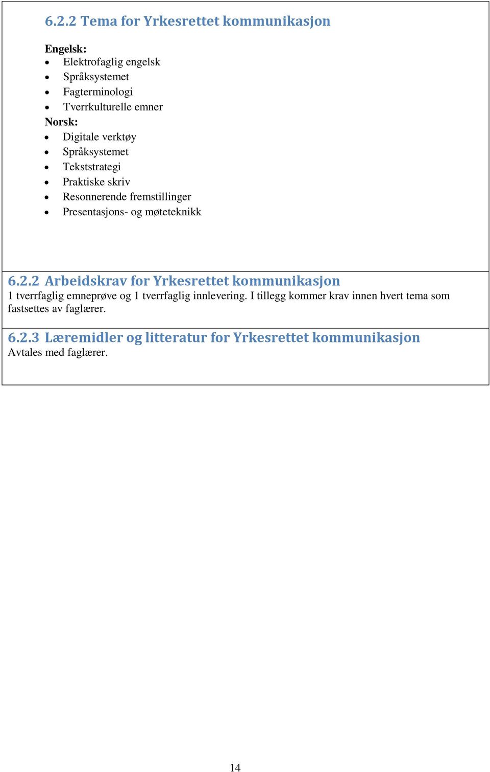 6.2.2 Arbeidskrav for Yrkesrettet kommunikasjon 1 tverrfaglig emneprøve og 1 tverrfaglig innlevering.