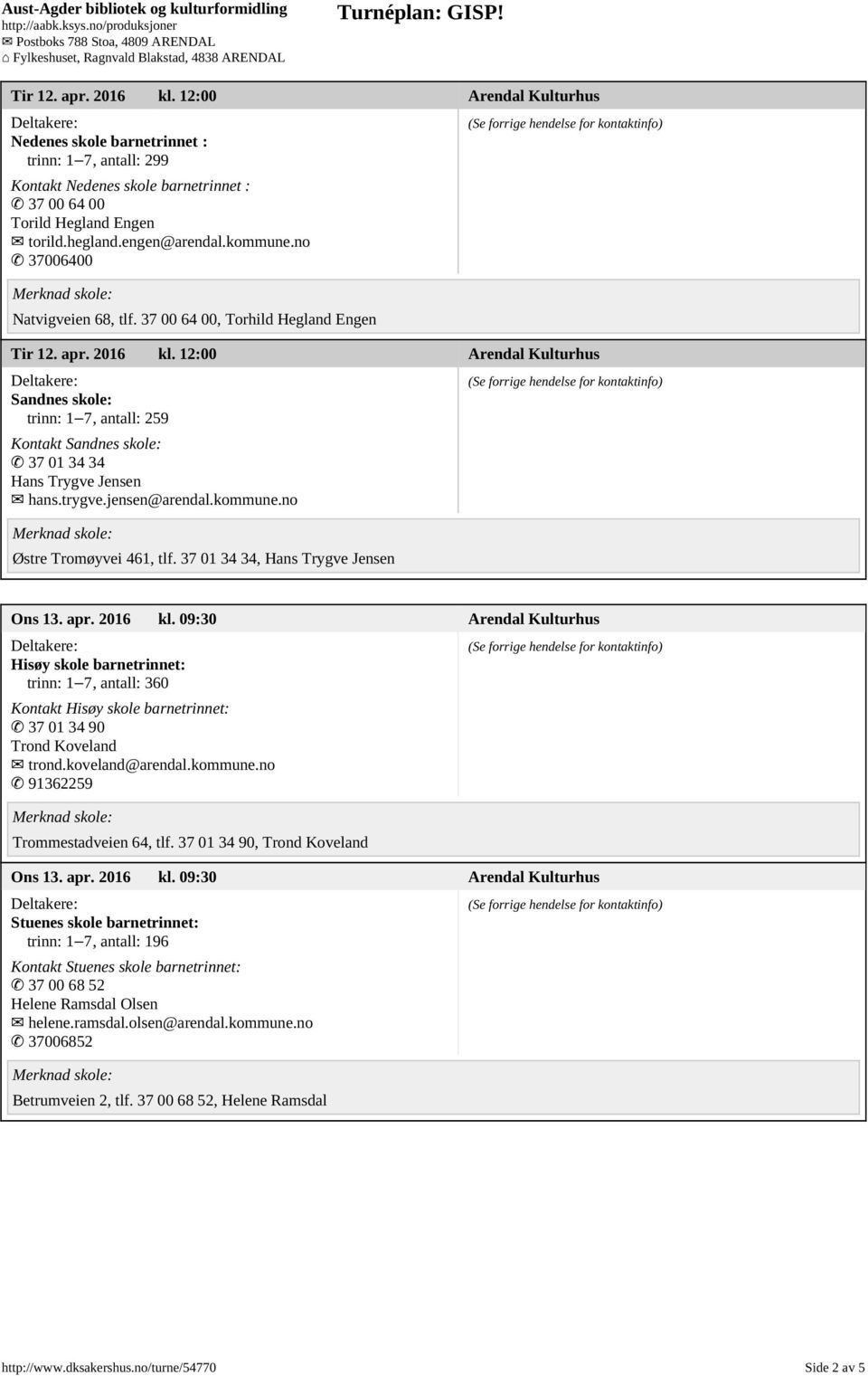 37 01 34 34, Hans Trygve Jensen Ons 13. apr. 2016 kl. 09:30 Arendal Kulturhus Hisøy skole barnetrinnet: trinn: 1 7, antall: 360 Kontakt Hisøy skole barnetrinnet: 37 01 34 90 Trond Koveland trond.