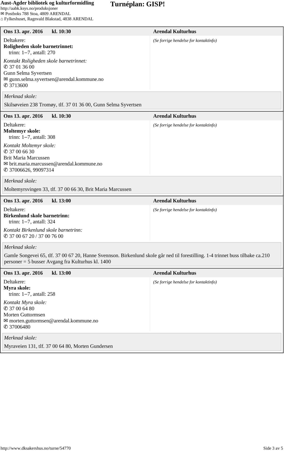 10:30 Arendal Kulturhus Moltemyr skole: trinn: 1 7, antall: 308 Kontakt Moltemyr skole: 37 00 66 30 Brit Maria Marcussen brit.maria.marcussen@arendal.kommune.