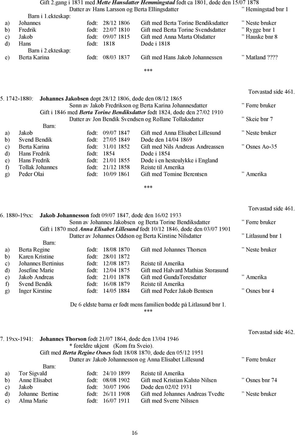 Anna Marta Olsdatter Hauske bnr 8 d) Hans født: 1818 Døde i 1818 Barn i 2.ekteskap: e) Berta Karina født: 08/03 1837 Gift med Hans Jakob Johannessen Matland???? Torvastad side 461. 5.