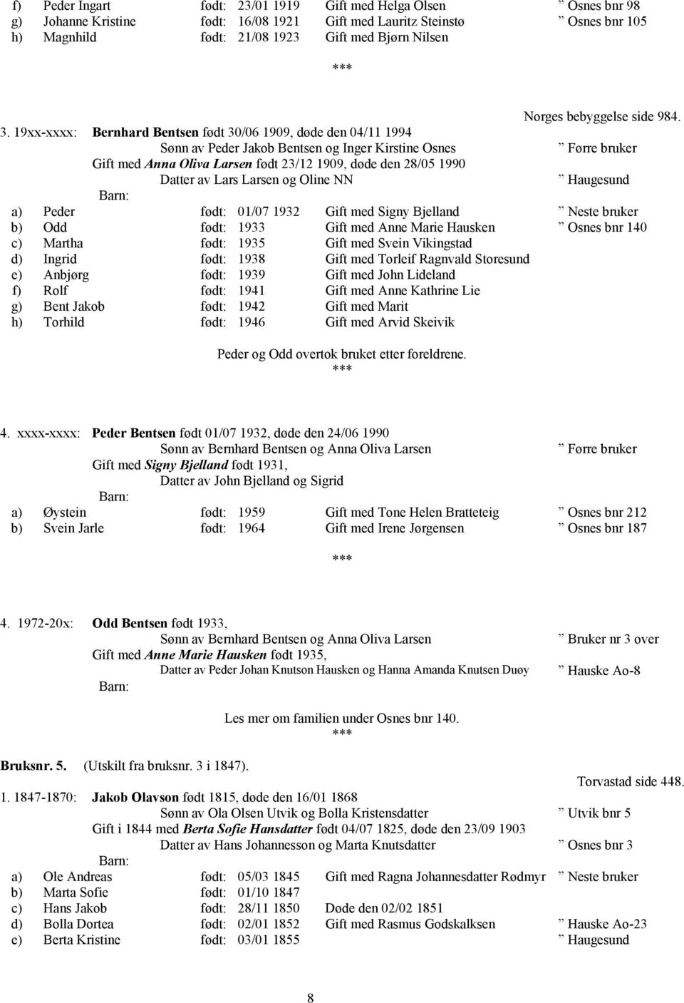 19xx-xxxx: Bernhard Bentsen født 30/06 1909, døde den 04/11 1994 Sønn av Peder Jakob Bentsen og Inger Kirstine Osnes Gift med Anna Oliva Larsen født 23/12 1909, døde den 28/05 1990 Datter av Lars