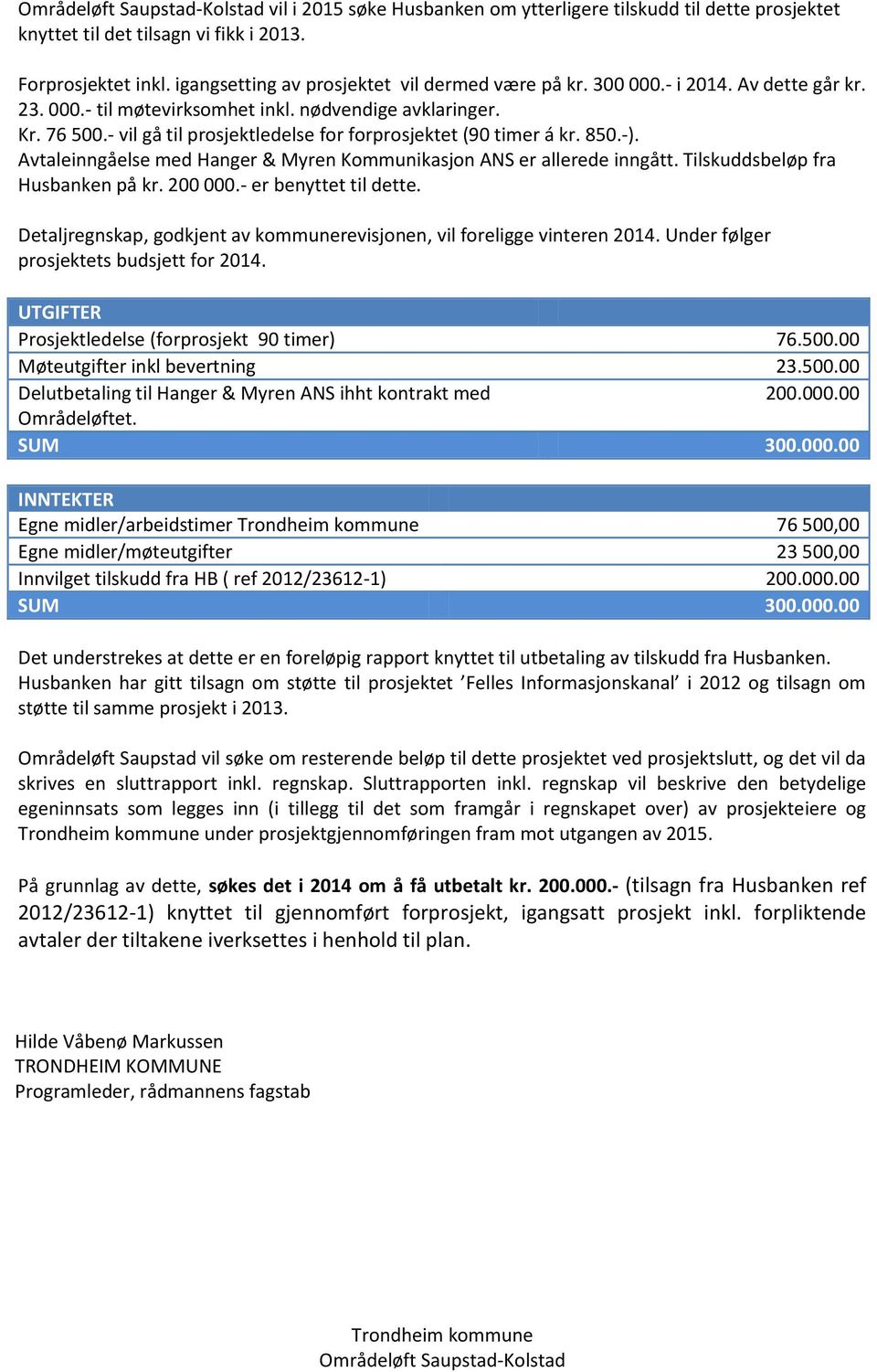 Avtaleinngåelse med Hanger & Myren Kommunikasjon ANS er allerede inngått. Tilskuddsbeløp fra Husbanken på kr. 200 000.- er benyttet til dette.
