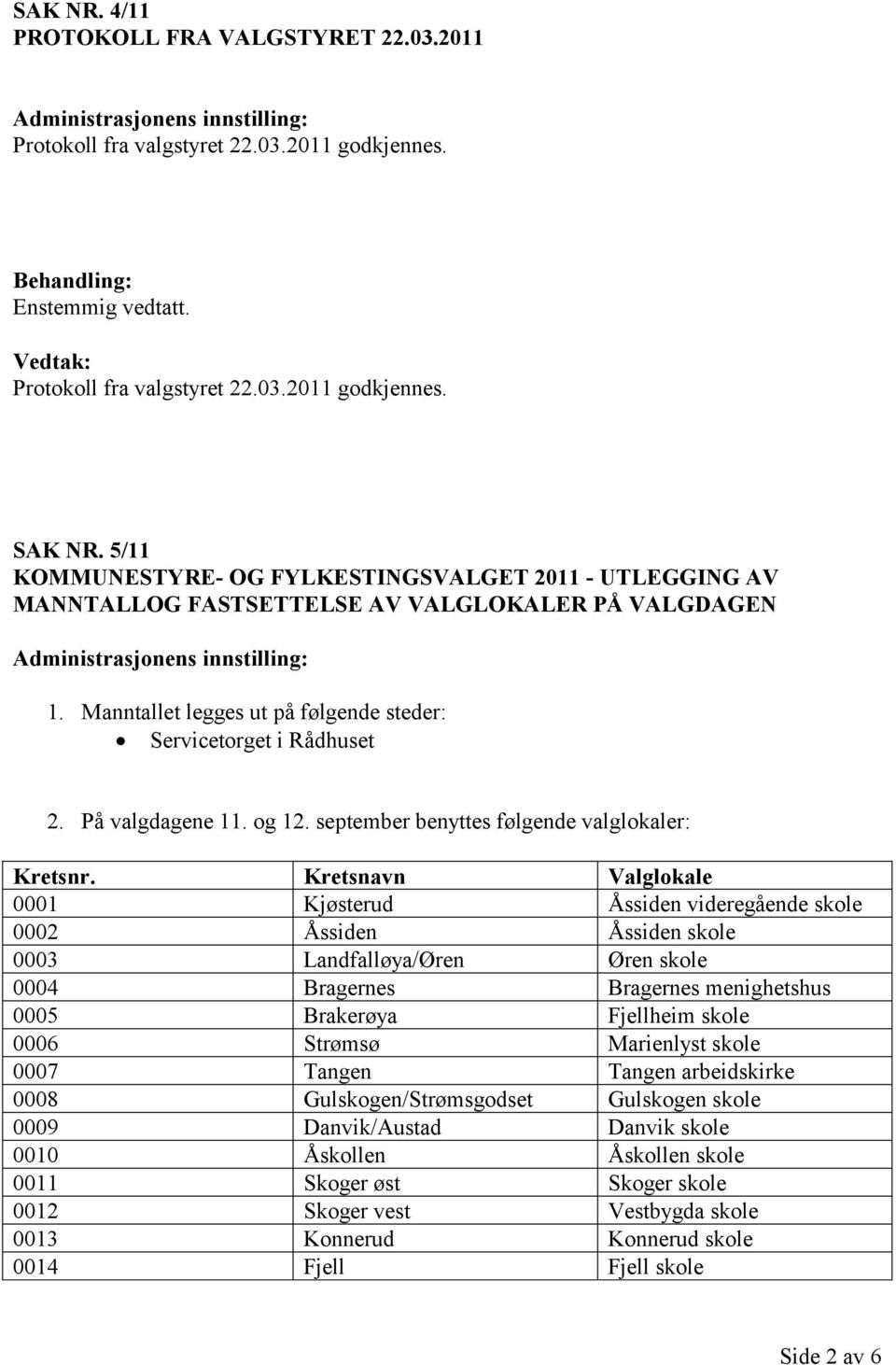 Manntallet legges ut på følgende steder: Servicetorget i Rådhuset 2. På valgdagene 11. og 12. september benyttes følgende valglokaler: Kretsnr.