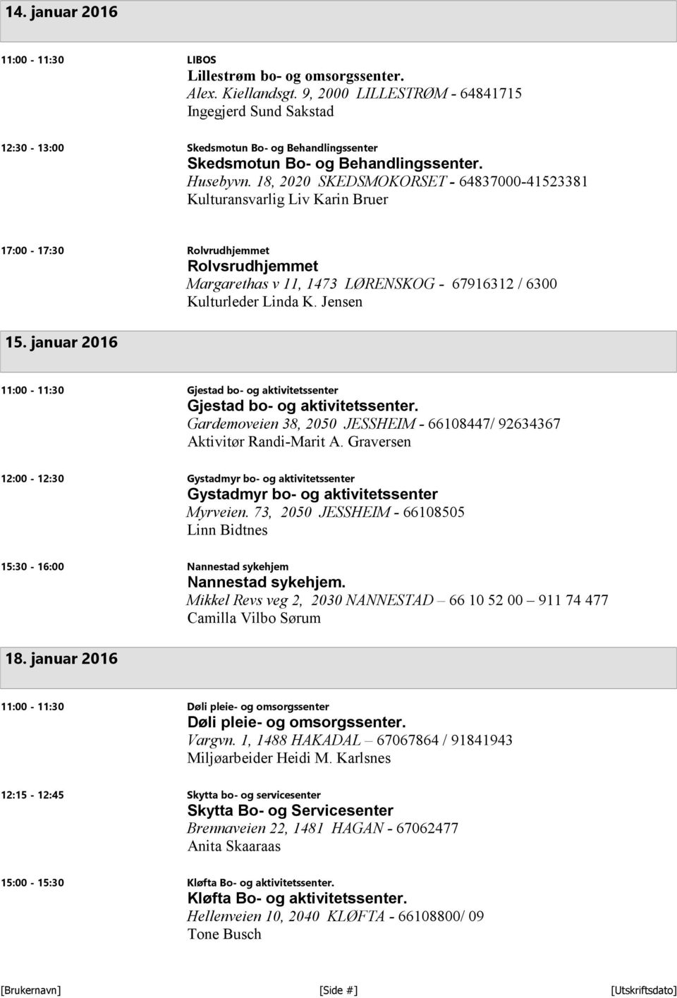 18, 2020 SKEDSMOKORSET - 64837000-41523381 Kulturansvarlig Liv Karin Bruer 17:00-17:30 Rolvrudhjemmet Rolvsrudhjemmet Margarethas v 11, 1473 LØRENSKOG - 67916312 / 6300 Kulturleder Linda K. Jensen 15.