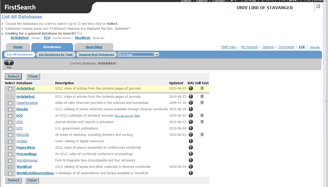 Trykk på Åpne/Open og velg ditt EndNote-bibliotek. Velg riktig importfilter: ArticleFirst (OCLC) - OCLC FirstSearch. Trykk på CHOOSE. WorldCat NB!