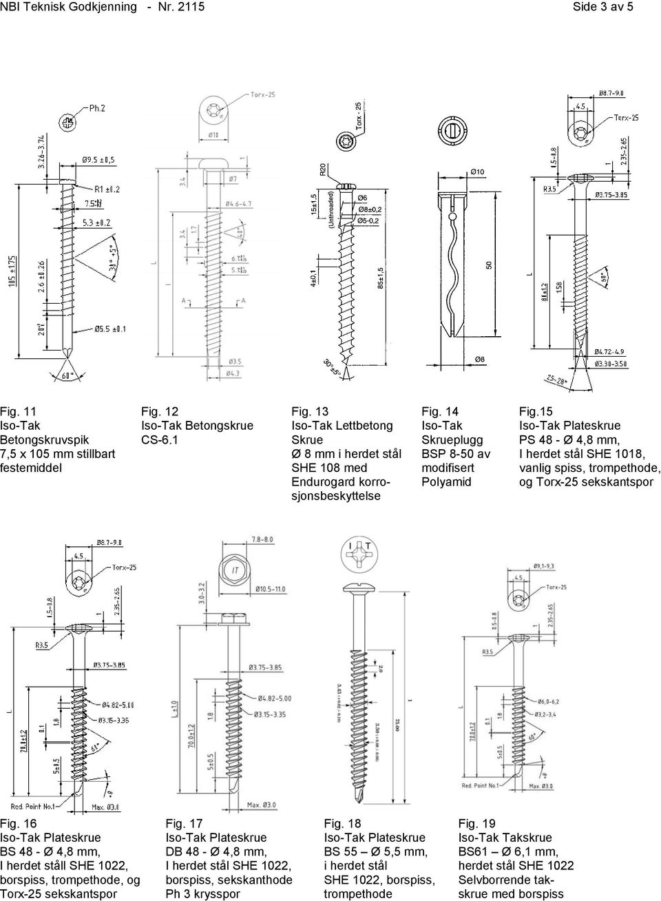 15 Plateskrue PS 48 - Ø 4,8 mm, I herdet stål SHE 1018, vanlig spiss, trompethode, og Torx-25 sekskantspor Fig.