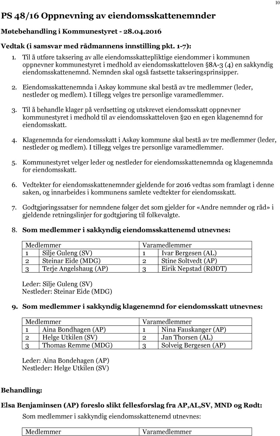 Nemnden skal også fastsette takseringsprinsipper. 2. Eiendomsskattenemnda i Askøy kommune skal bestå av tre medlemmer (leder, nestleder og medlem). I tillegg velges tre personlige varamedlemmer. 3.