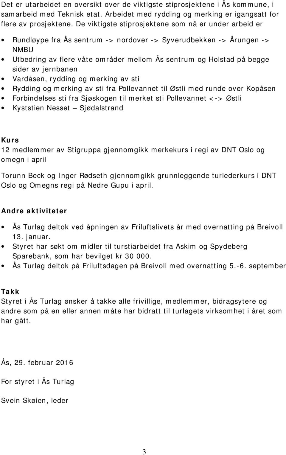 sider av jernbanen Vardåsen, rydding og merking av sti Rydding og merking av sti fra Pollevannet til Østli med runde over Kopåsen Forbindelses sti fra Sjøskogen til merket sti Pollevannet <-> Østli