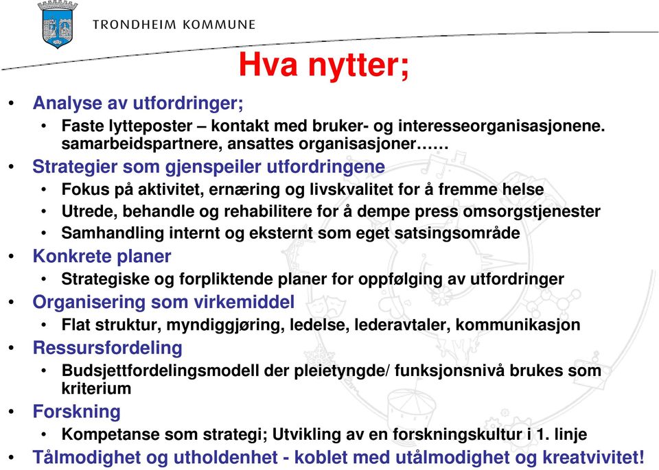 omsorgstjenester Samhandling internt og eksternt som eget satsingsområde Konkrete planer Strategiske og forpliktende planer for oppfølging av utfordringer Organisering som virkemiddel Flat struktur,