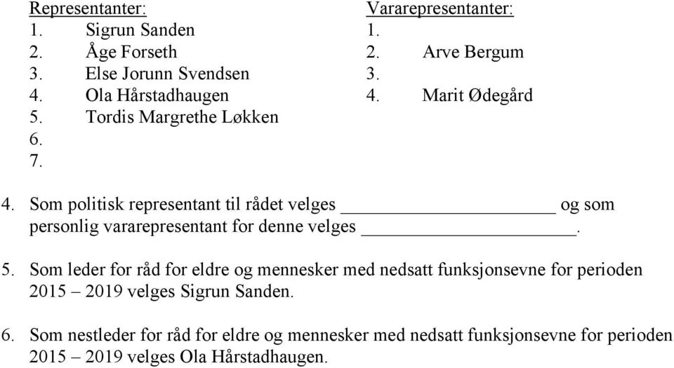 5. Som leder for råd for eldre og mennesker med nedsatt funksjonsevne for perioden 2015 2019 velges Sigrun Sanden. 6.