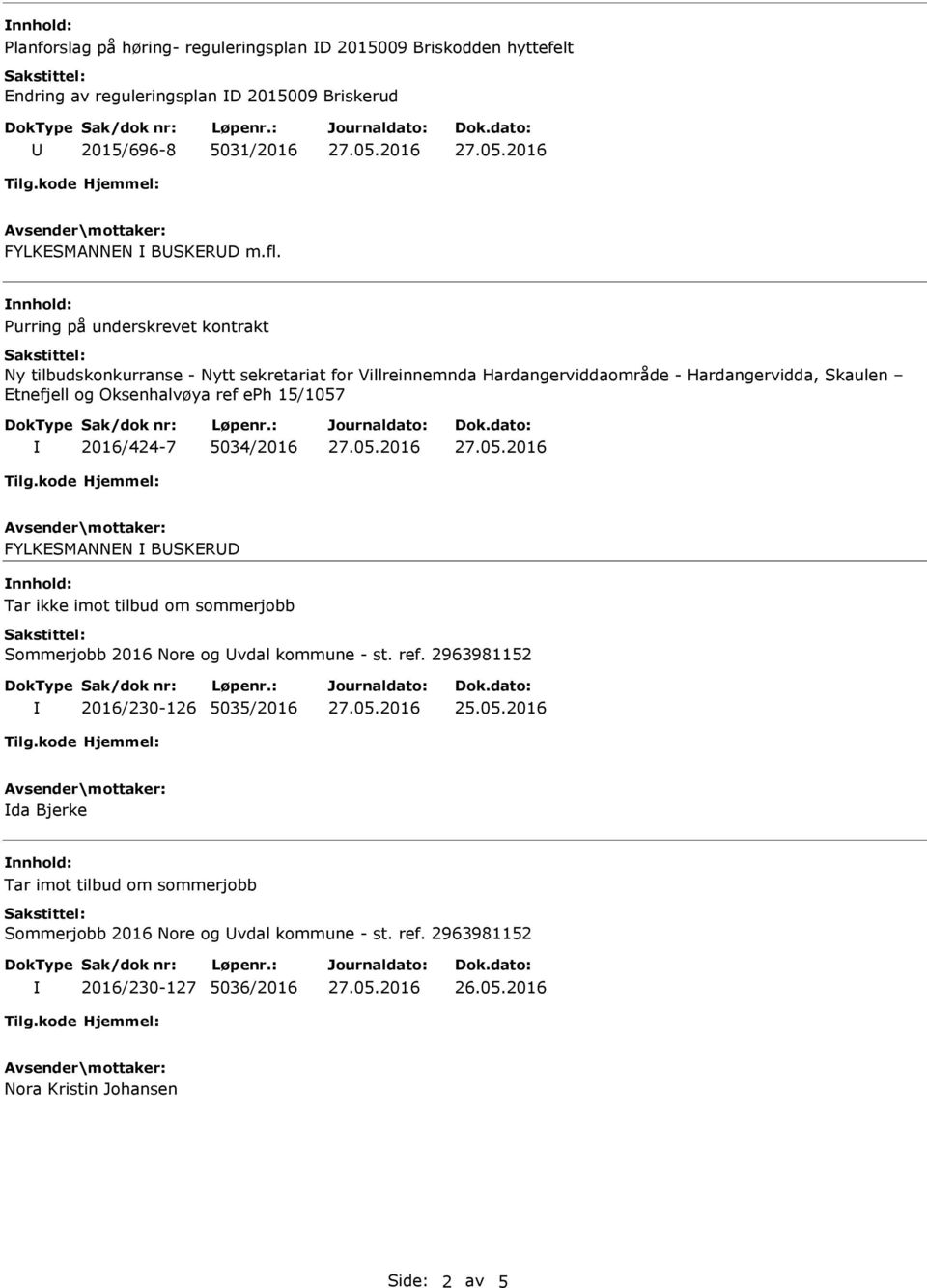 ref eph 15/1057 2016/424-7 5034/2016 FYLKESMANNEN BSKERD nnhold: Tar ikke imot tilbud om sommerjobb Sommerjobb 2016 Nore og vdal kommune - st. ref.