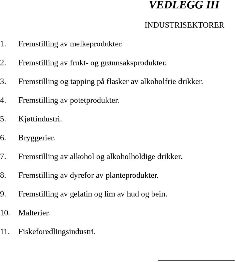 Fremstilling av potetprodukter. 5. Kjøttindustri. 6. Bryggerier. 7.