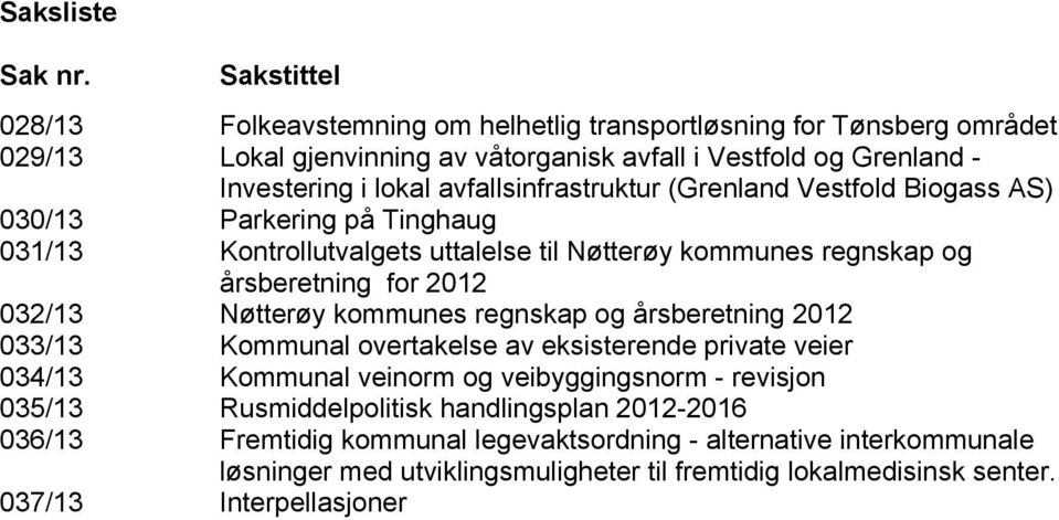 avfallsinfrastruktur (Grenland Vestfold Biogass AS) 030/13 Parkering på Tinghaug 031/13 Kontrollutvalgets uttalelse til Nøtterøy kommunes regnskap og årsberetning for 2012 032/13 Nøtterøy