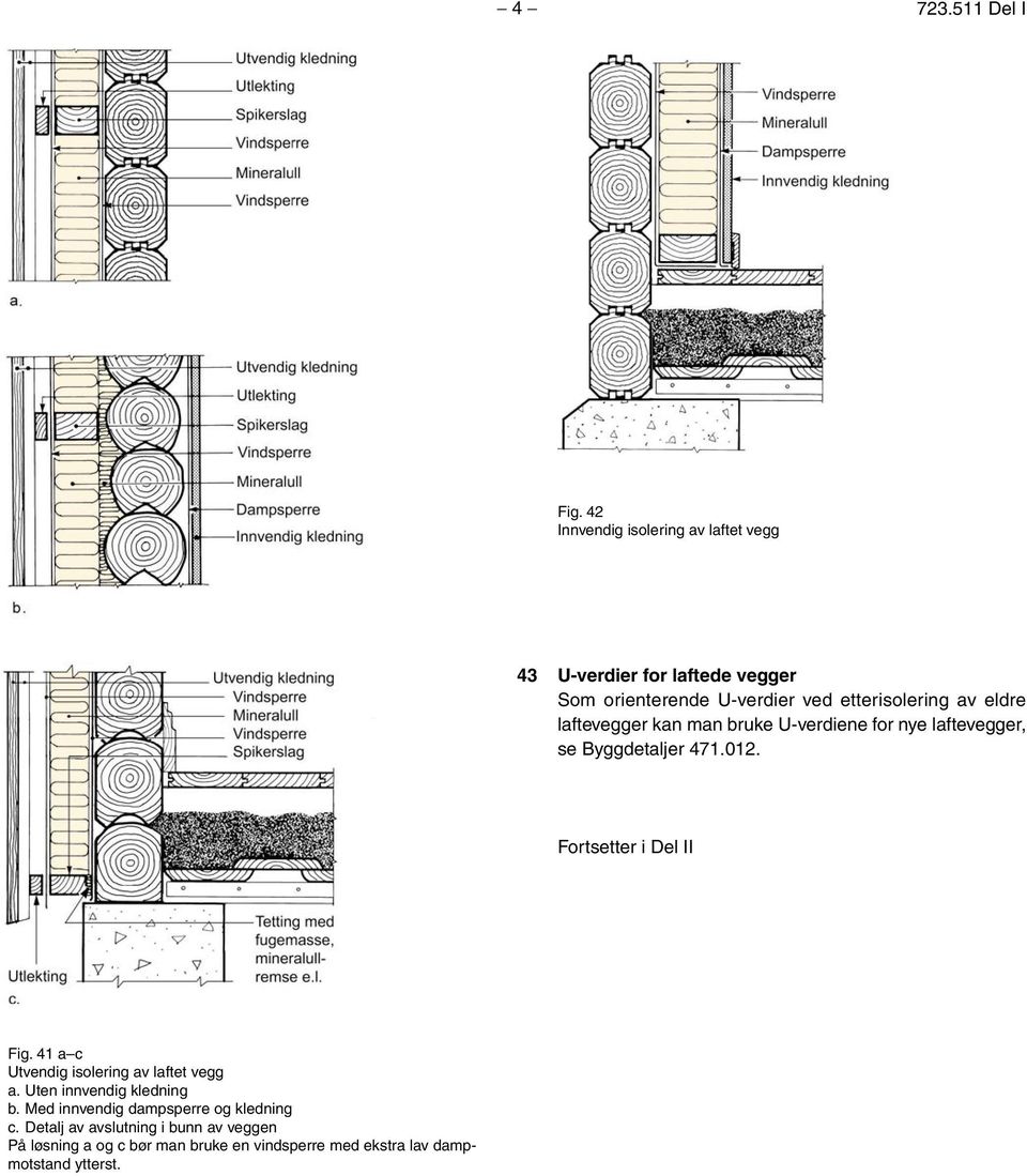 eldre laftevegger kan man bruke U-verdiene for nye laftevegger, se Byggdetaljer 471.012. Fortsetter i Del II Fig.