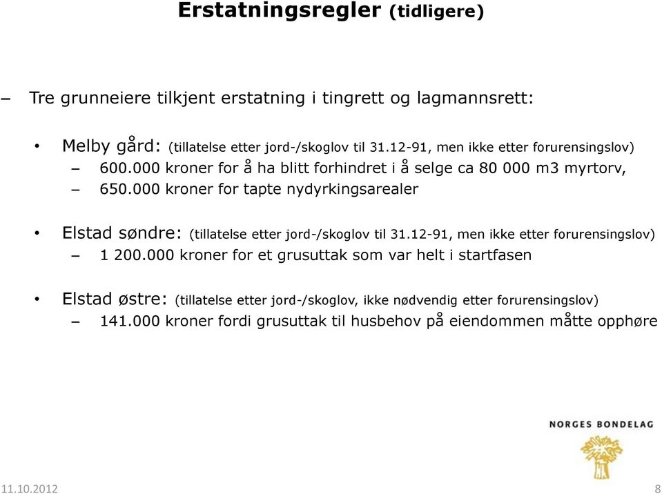 000 kroner for tapte nydyrkingsarealer Elstad søndre: (tillatelse etter jord-/skoglov til 31.12-91, men ikke etter forurensingslov) 1 200.