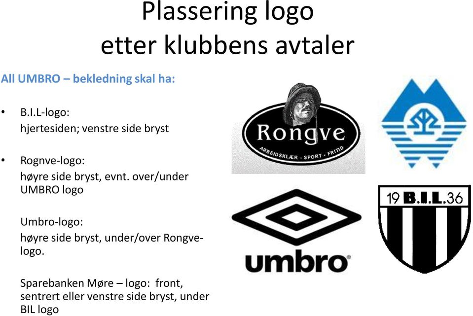 over/under UMBRO logo Plassering logo etter klubbens avtaler Umbro-logo: