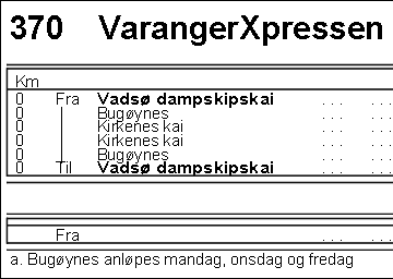 femfølgende ruteplan skal følges: Hovedfartøyet i VarangerXpressen skal være et passasjerfartøy registrert for minst 145 passasjerer og det skal være plass til minst 3 tonn gods.
