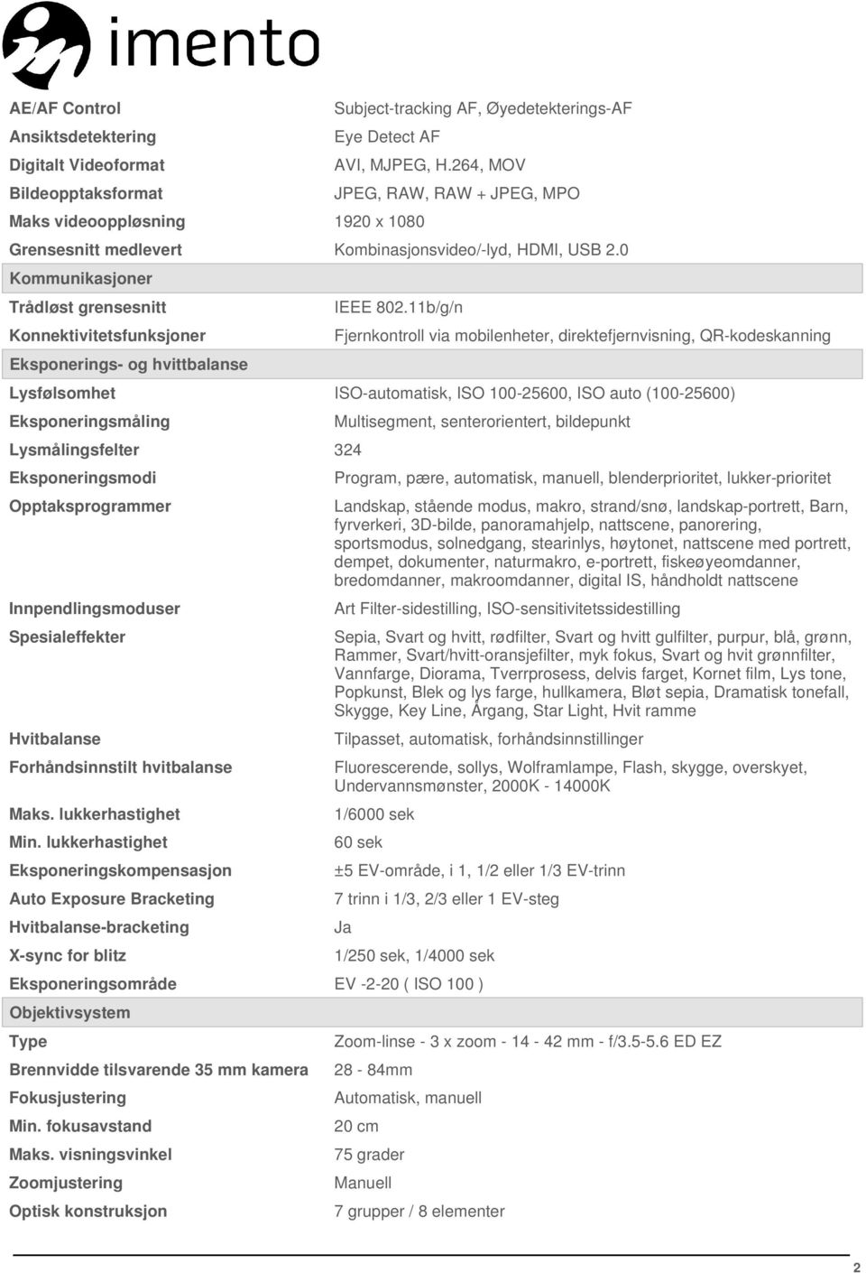 11b/g/n Fjernkontroll via mobilenheter, direktefjernvisning, QR-kodeskanning Lysfølsomhet ISO-automatisk, ISO 100-25600, ISO auto (100-25600) Eksponeringsmåling Lysmålingsfelter 324 Eksponeringsmodi