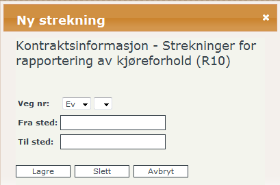 Brukerveiledning ELRAPP 41 Steder og strekninger: Her defineres steder og strekninger for rapportering av vær- og kjøreforhold (skjema R10) og veggrupper for mengdeoppfølging av drift og vedlikehold