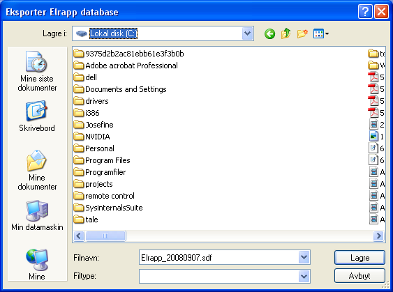 Brukerveiledning ELRAPP 82 Eksport av database Man velger Eksporter database fra filmenyen Man får da opp en standard dialog for å velge hvor man vil lagre databasen, typisk valg er en minepinne el.