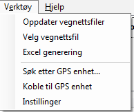 Brukerveiledning ELRAPP 83 8.8.6 Avslutt Dette menyvalget avslutter ELRAPP kontroll på en kontrollert måte. 8.9 Verktøymenyen Verktøymenyen har følgende innhold: 8.9.1 Oppdater vegnettsfiler ELRAPP Kontroll henter vegnettet fra NVDB.