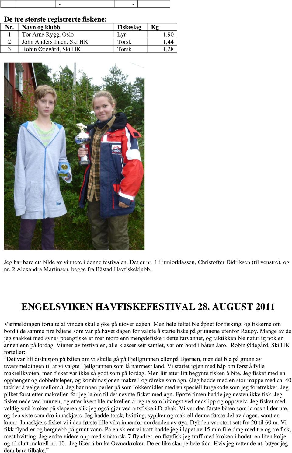 1 i juniorklassen, Christoffer Didriksen (til venstre), og nr. 2 Alexandra Martinsen, begge fra Båstad Havfiskeklubb. ENGELSVIKEN HAVFISKEFESTIVAL 28.