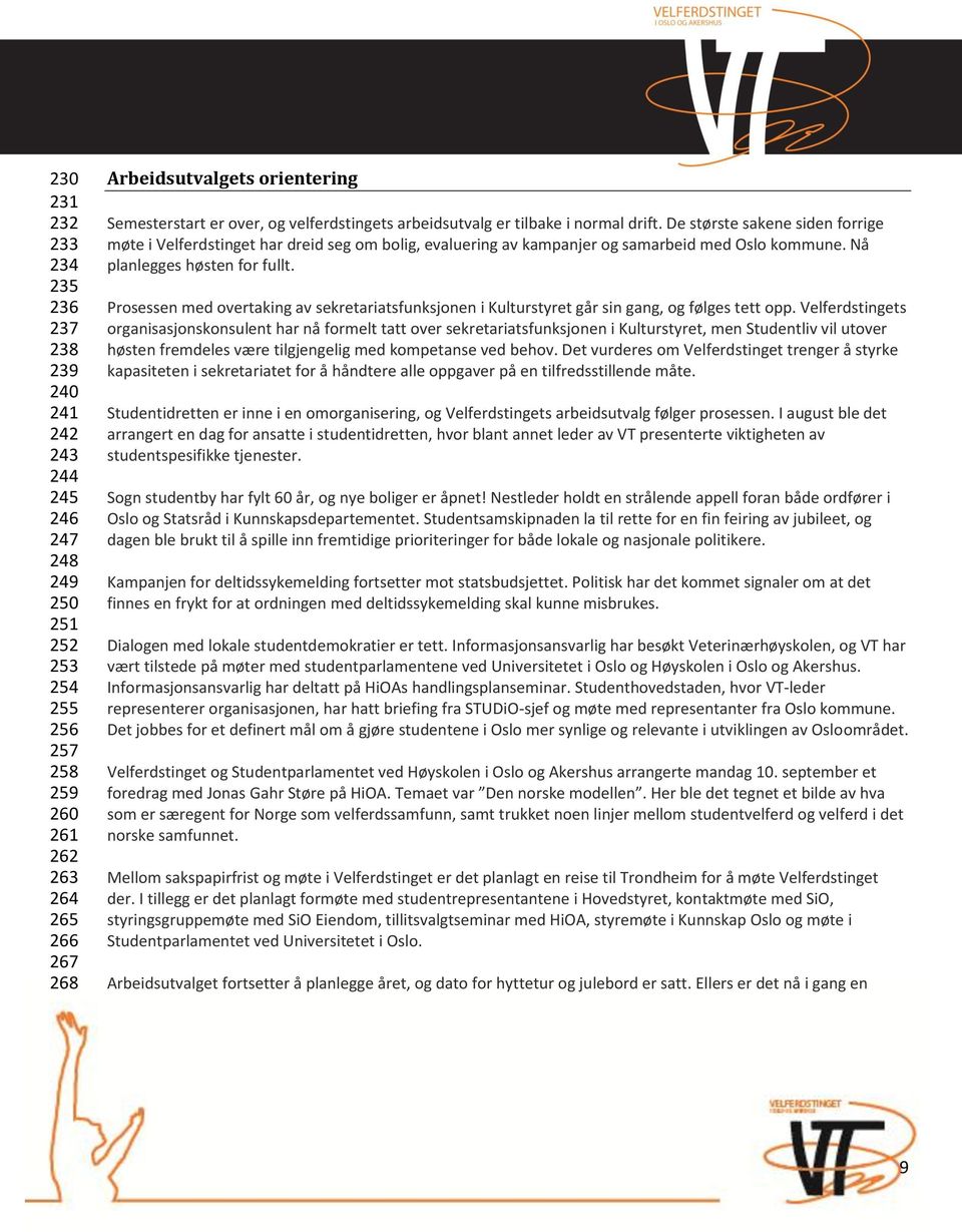 De største sakene siden forrige møte i Velferdstinget har dreid seg om bolig, evaluering av kampanjer og samarbeid med Oslo kommune. Nå planlegges høsten for fullt.