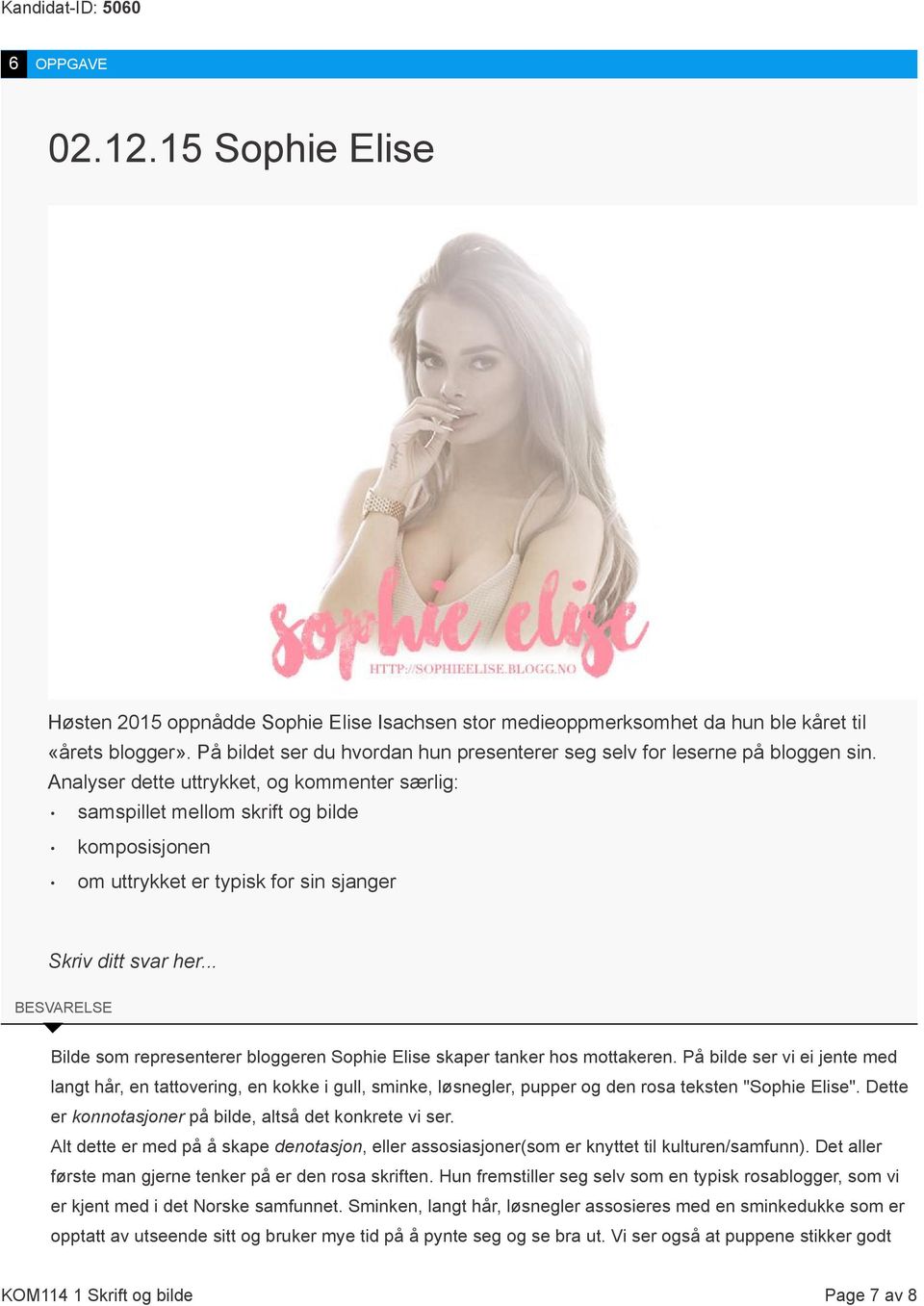 Analyser dette uttrykket, og kommenter særlig: samspillet mellom skrift og bilde komposisjonen om uttrykket er typisk for sin sjanger Bilde som representerer bloggeren Sophie Elise skaper tanker hos